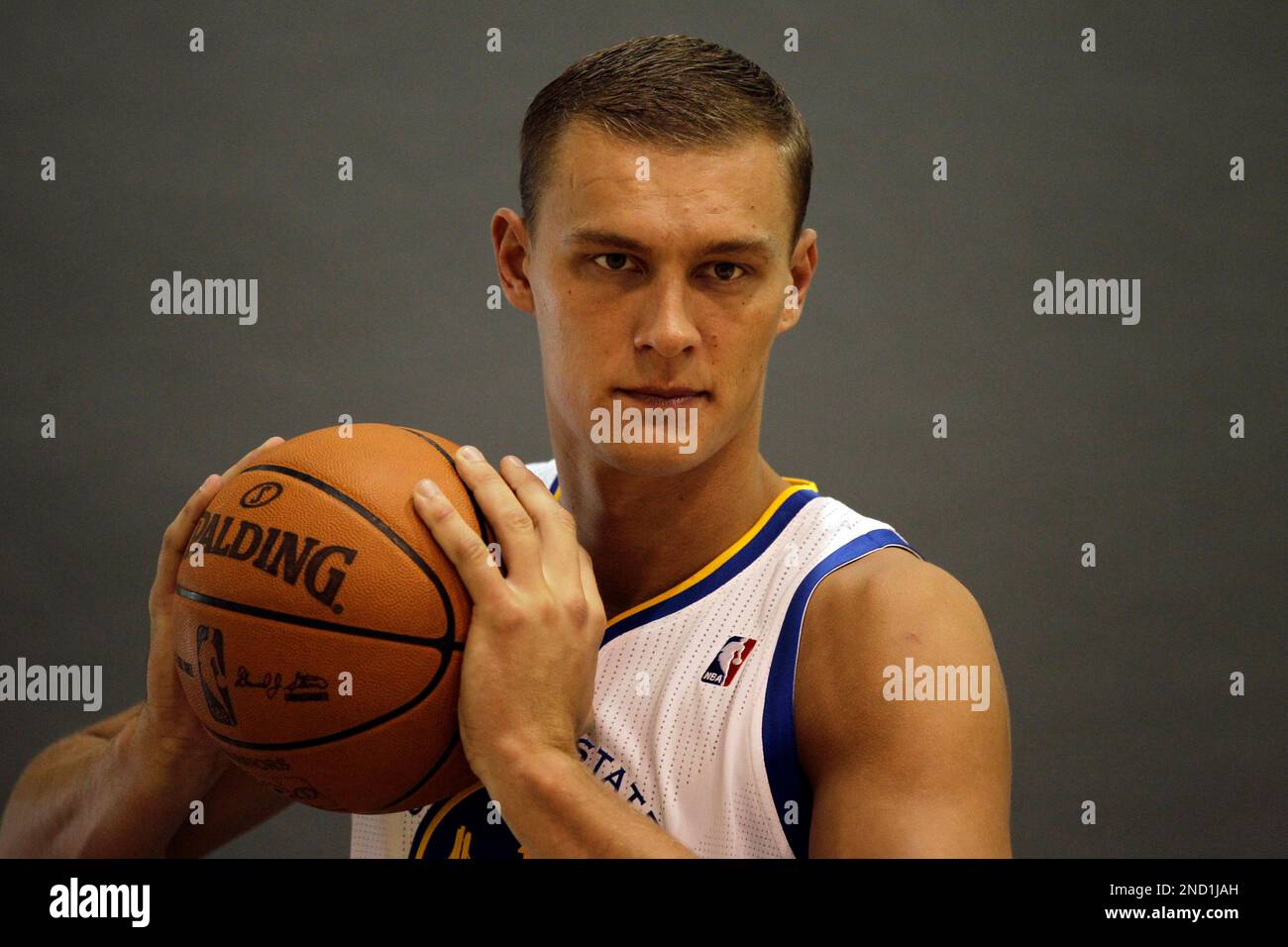 Golden State Warriors’ Andris Biedrins, of Latvia, during media day in