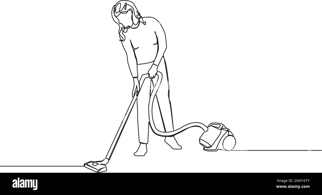 continuous single line drawing of woman using vacuum cleaner, line art