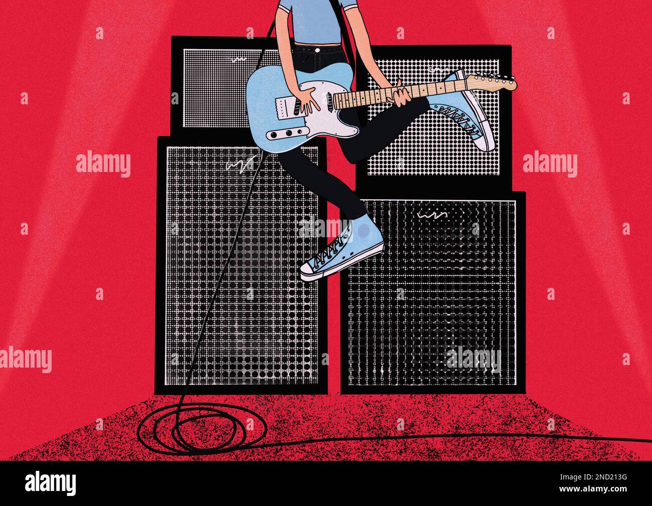 Vector illustration of crop unrecognizable male musician in sneakers playing electric electric guitar and jumping on stage near set of speakers agains Stock Photo