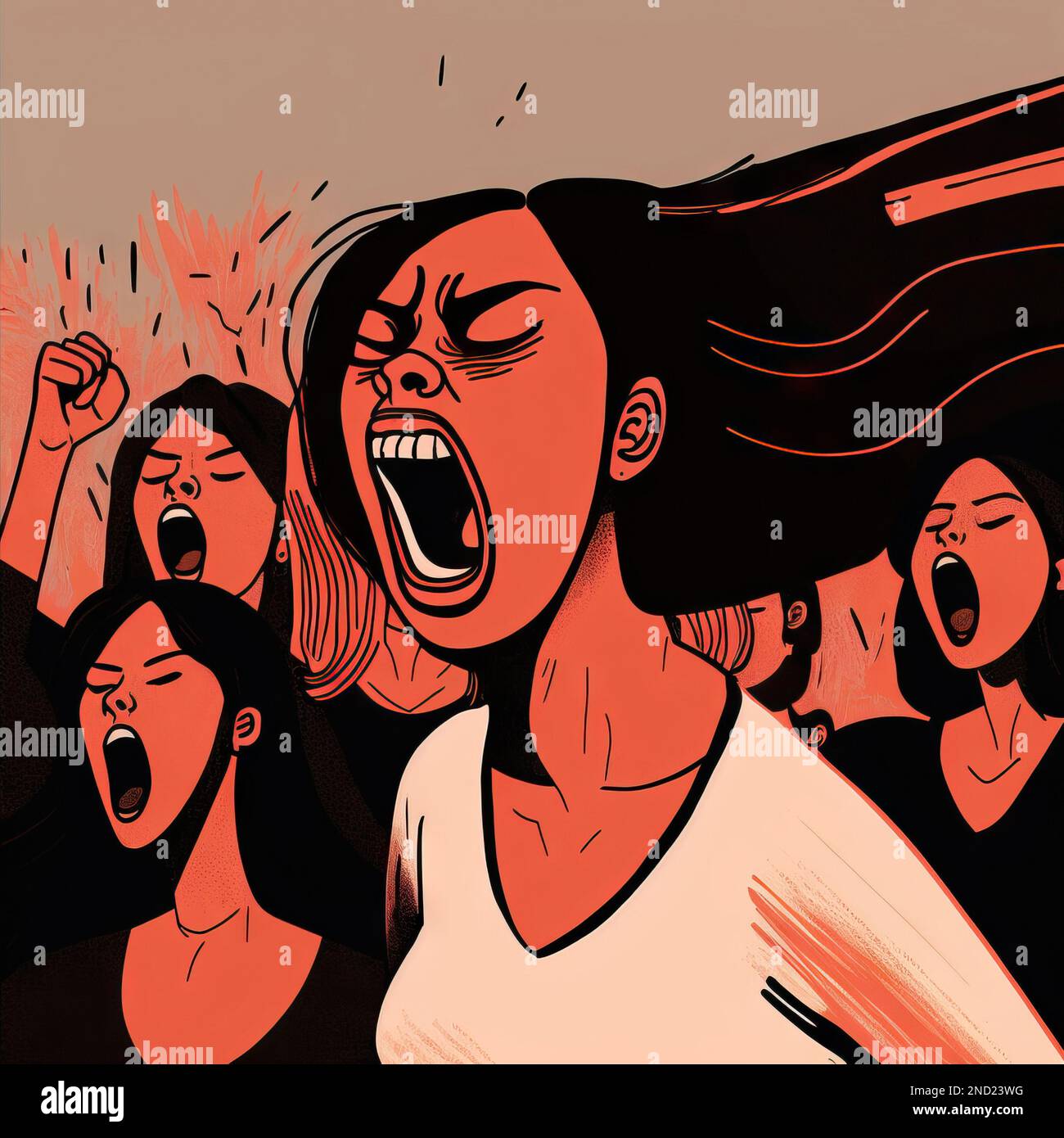 Woman Rioting Drawing Illustration of furious female activists shouting and raising fists ...