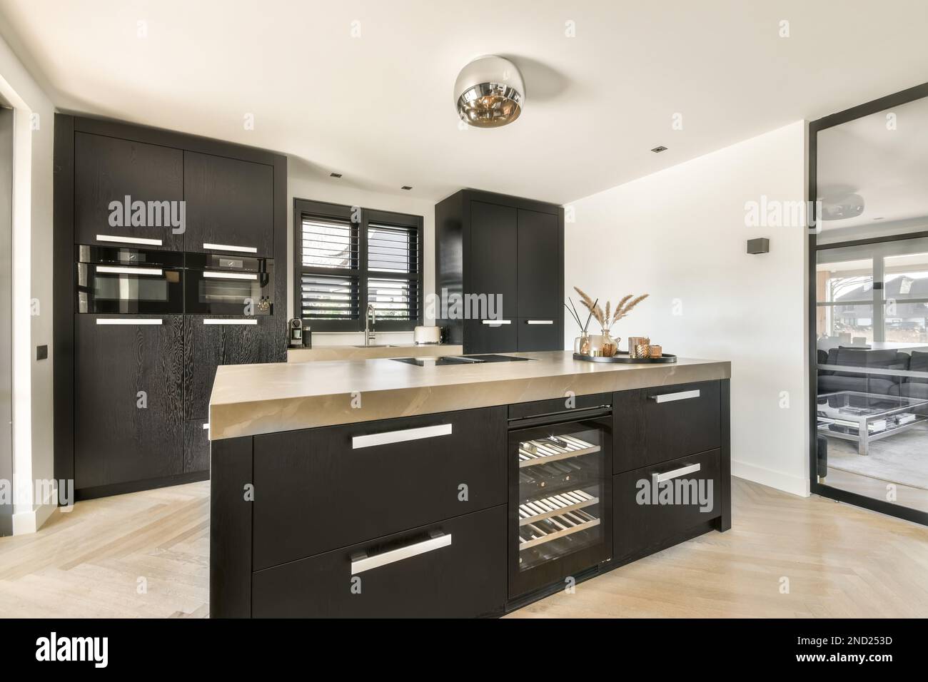 Interior design of contemporary spacious kitchen with black cupboards