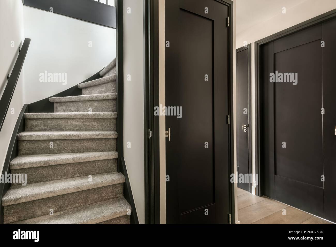 Interior design of modern hallway with white walls black doors and