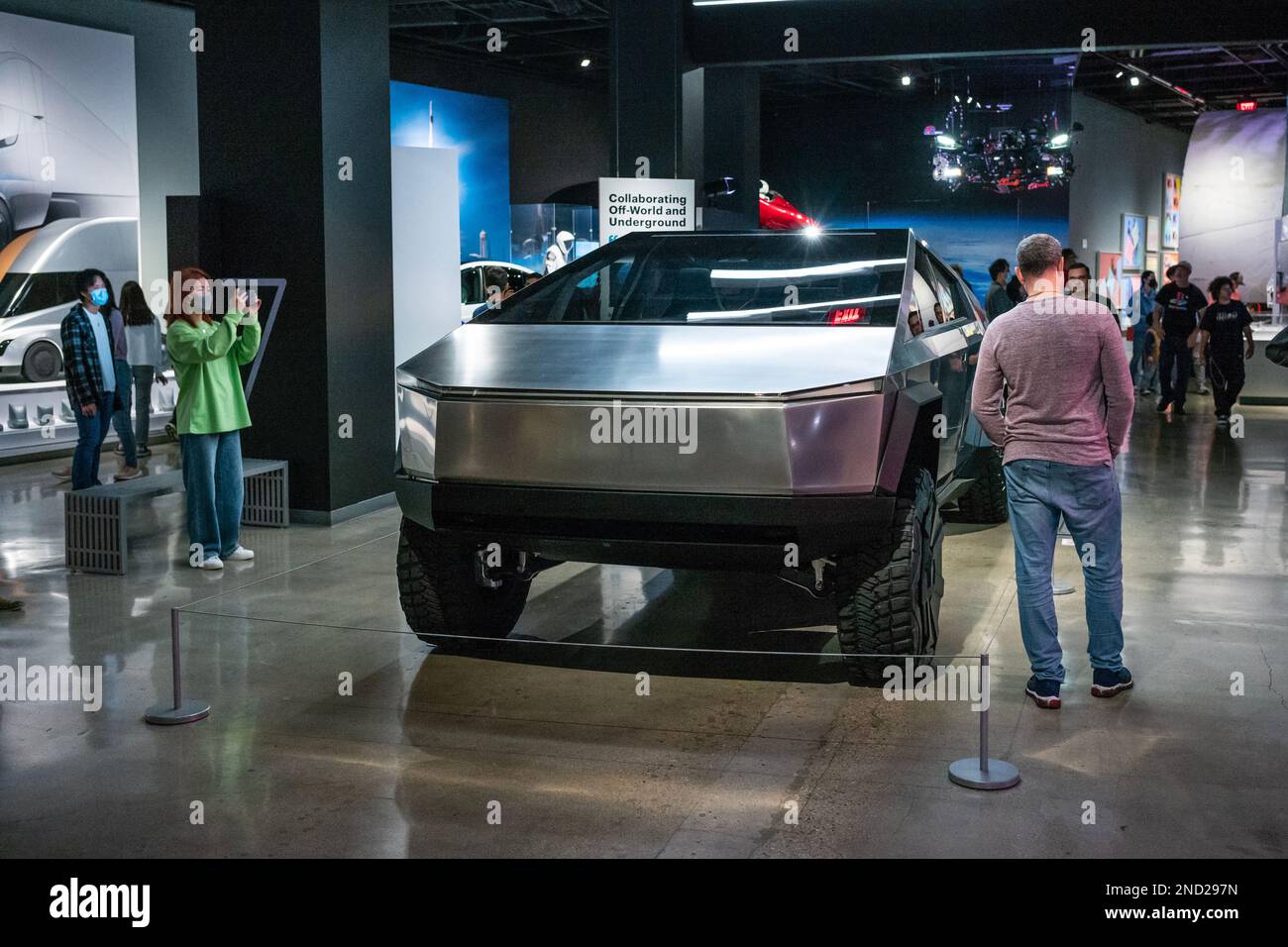 Los Angeles, CA, USA - Dec 26, 2022: Tesla's long-awaited battery operated Cybertruck, seen here at the Petersen Automotive Museum, is due to go to pr Stock Photo
