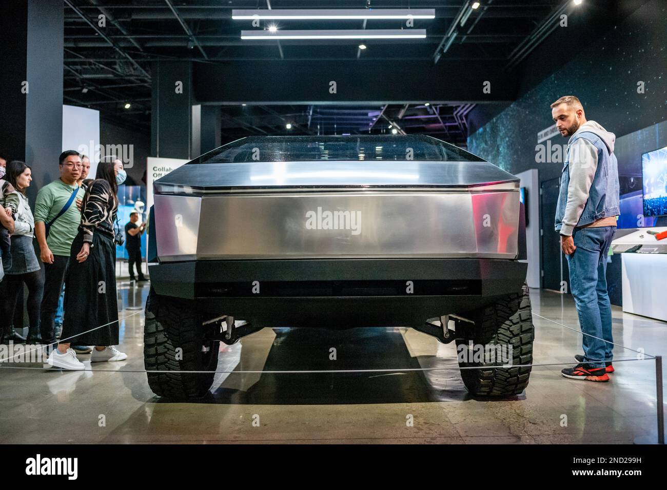 Los Angeles, CA, USA - Dec 26, 2022: Tesla's long-awaited battery operated Cybertruck, seen here at the Petersen Automotive Museum, is due to go to pr Stock Photo