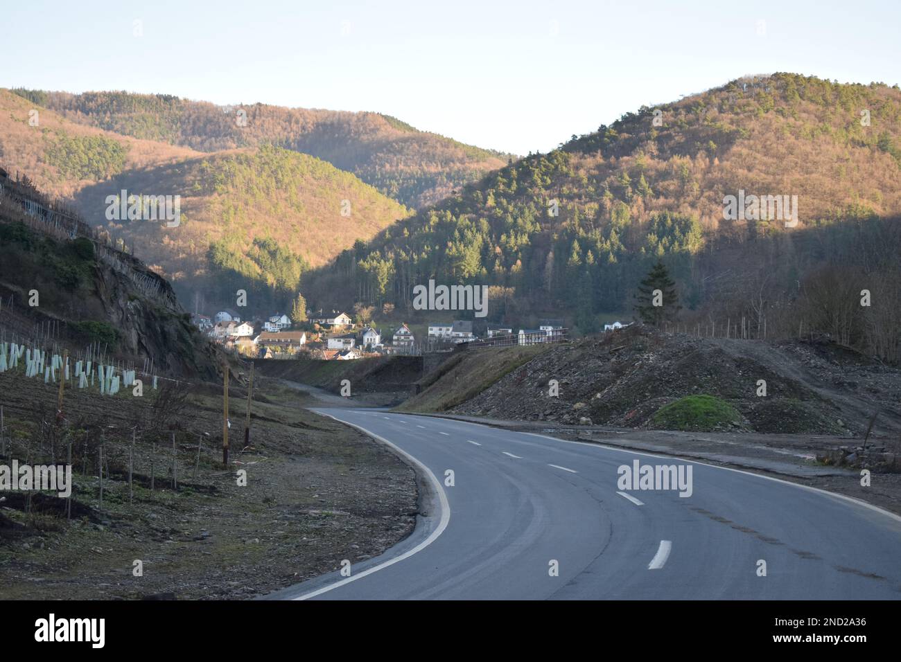 Ahr valley road with winter view how narrow the valley is Stock Photo