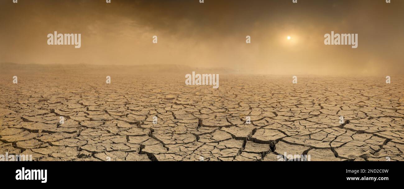 Wide panorama of barren cracked land with sun barely visible through the dust storm, drought and desertification concept Stock Photo