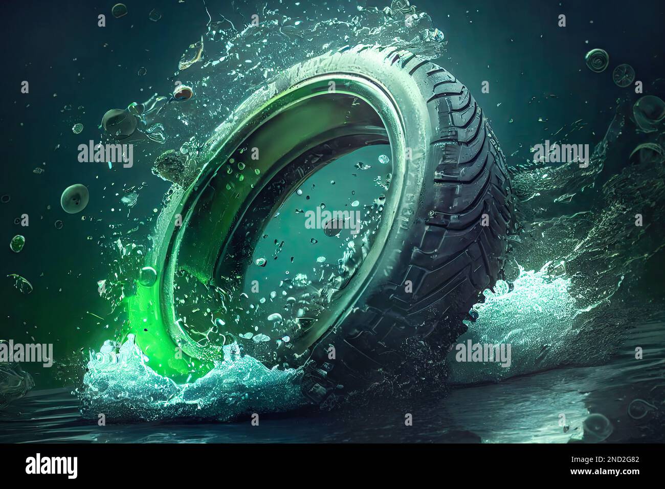 Summer eco tire on a neon green background with water splash art. It's
