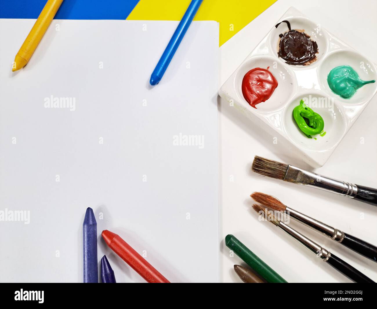 Workplace Of Artist Drawing Activity, Sketch Pad, Drawing Art Product Artist, Sketch. Acrylic paint with brushes Stock Photo