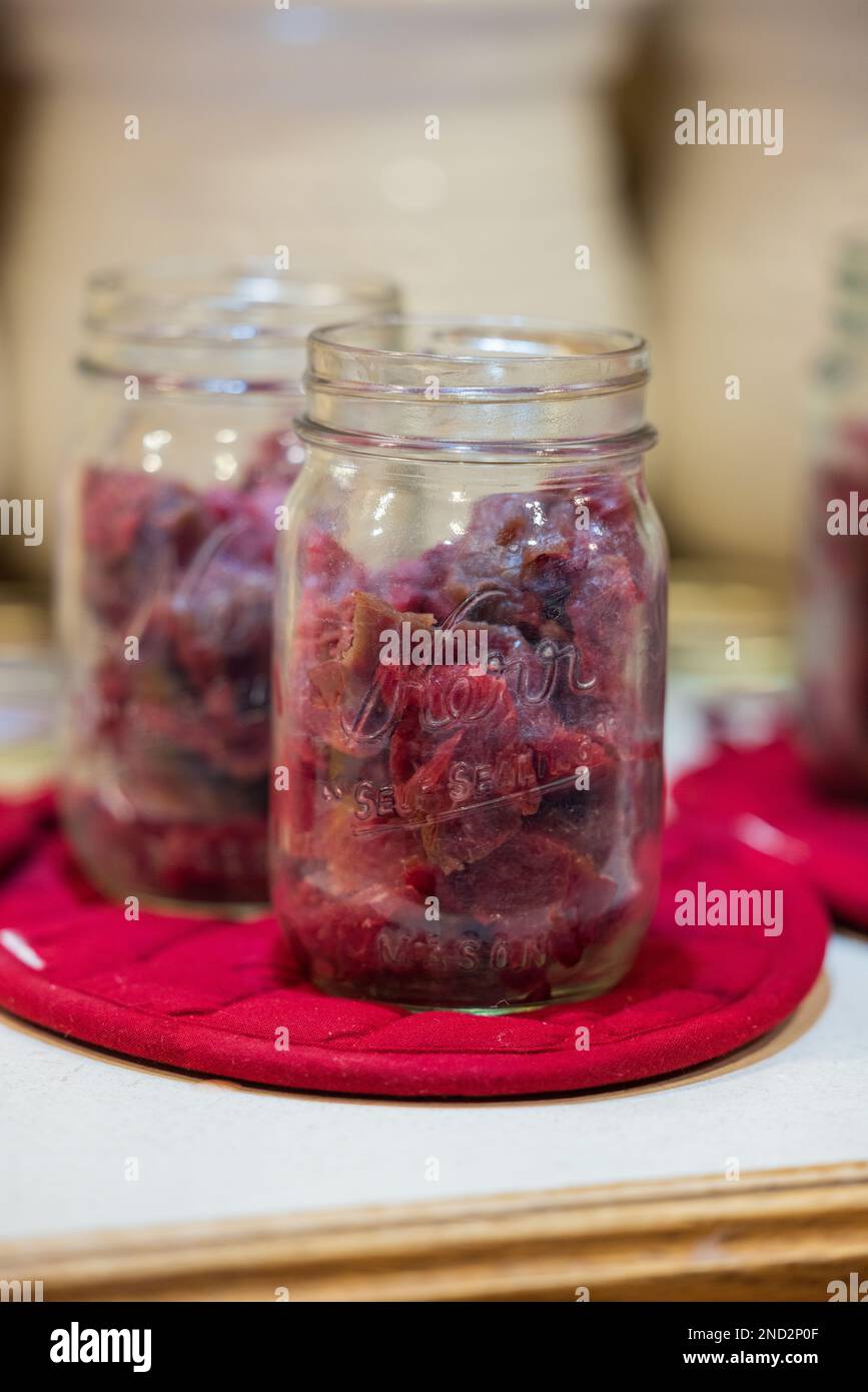 Canning venison in a northern Wisconsin kitchen. Stock Photo