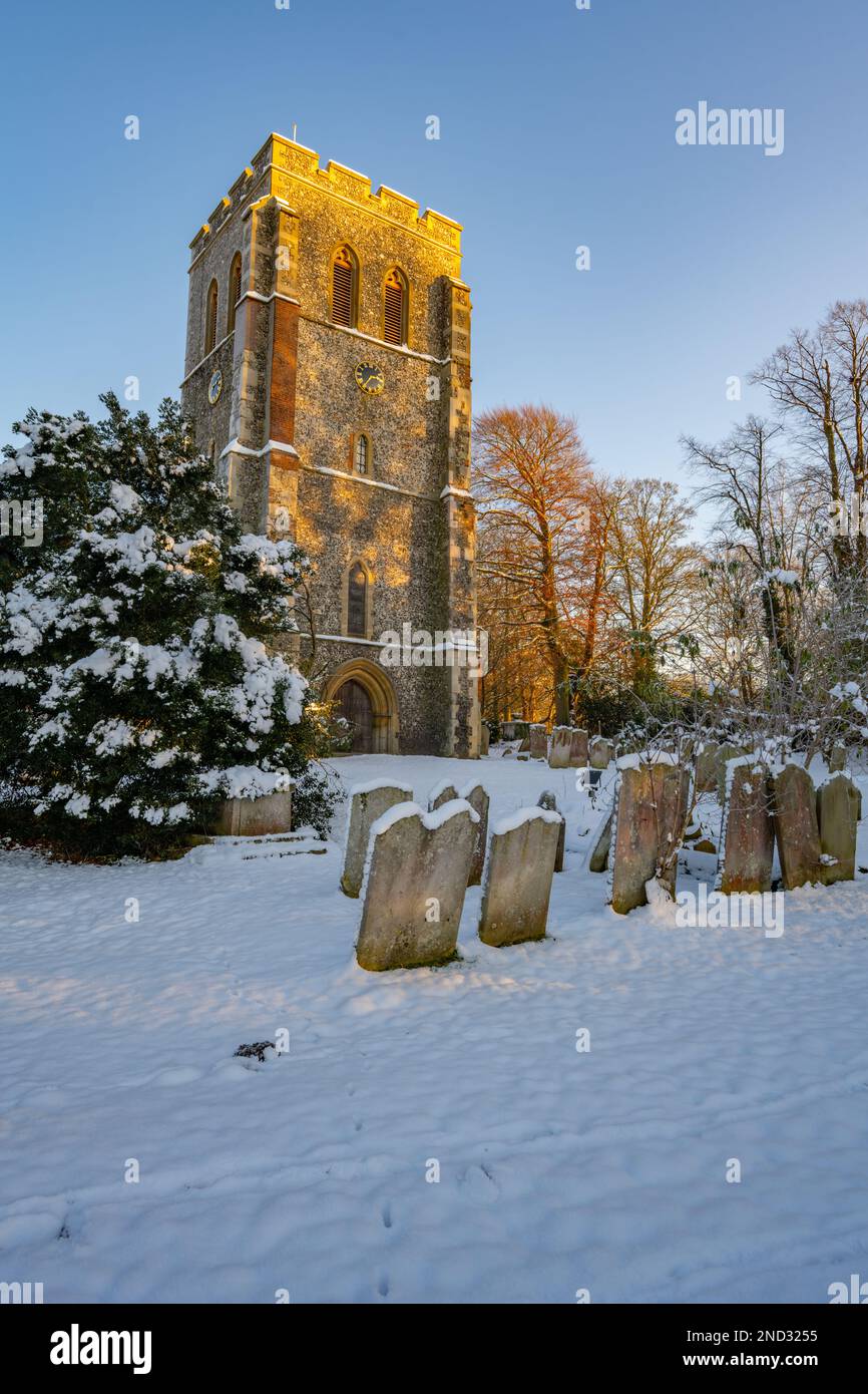 Saint John the Baptist church Meopham on a snowy winter afternoon Stock Photo