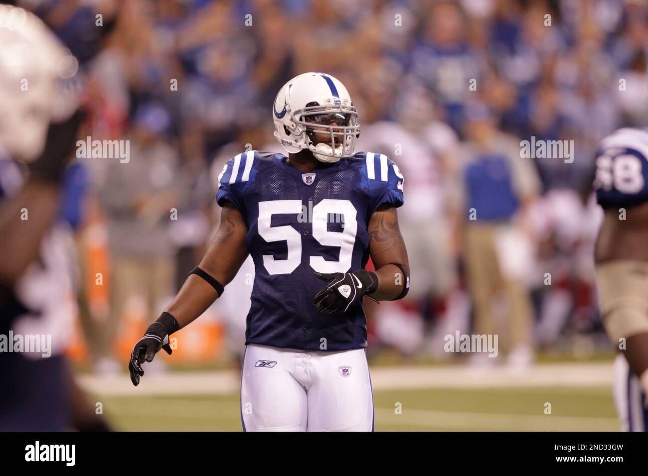 Indianapolis Colts linebacker Ramon Humber (59) in action during an NFL  football game between the Indianapolis Colts and the New York Giants in  Indianapolis, Sunday, Sept. 19, 2010. (AP Photo/AJ Mast Stock
