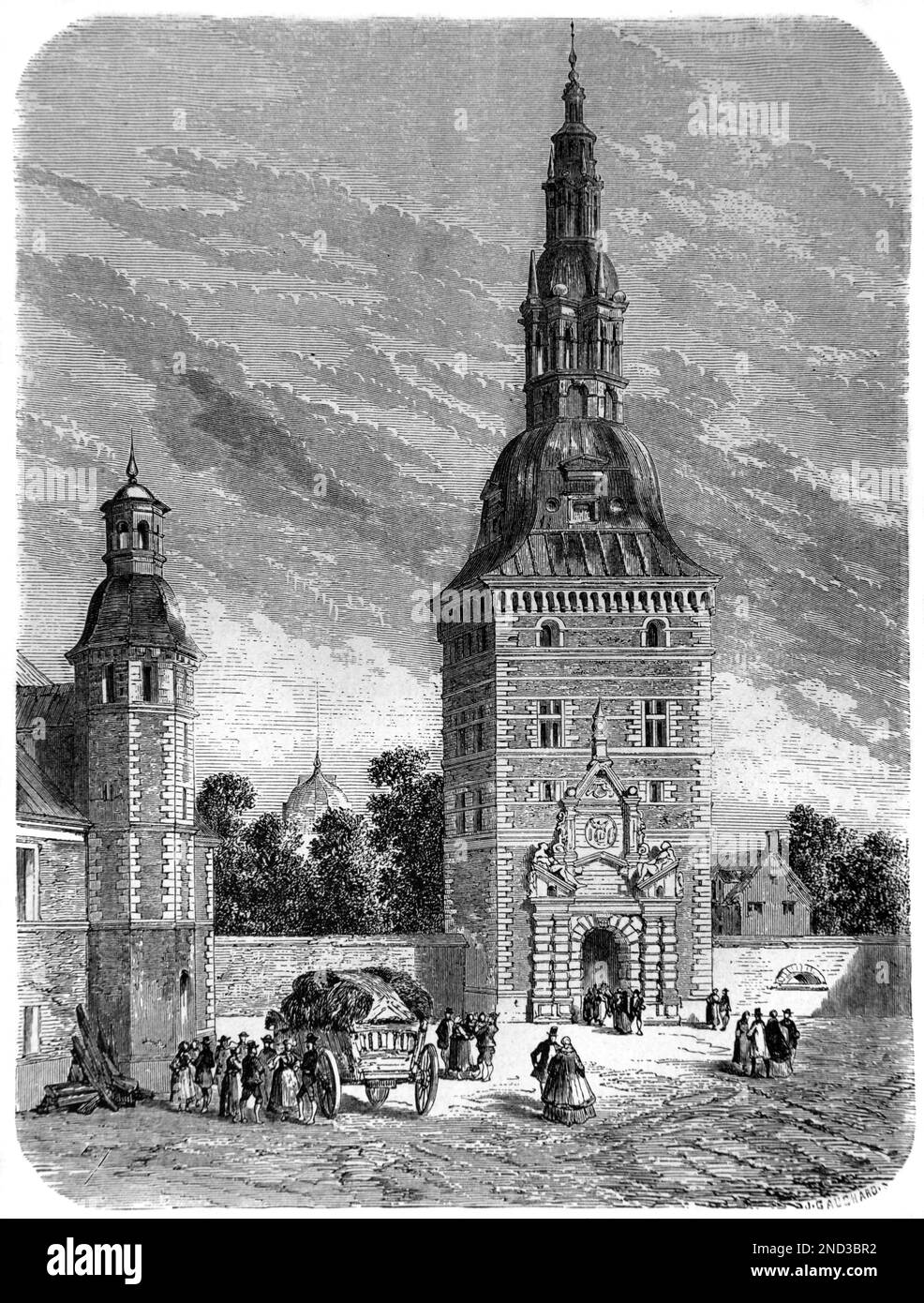 Entrance Tower of Frederiksborg Castle (c17th) Royal Residence, Renaissance Castle or Chateau and now the Danish Museum of National History, Hillerod Denmark. Vintage Engraving or Illustration 1862 Stock Photo
