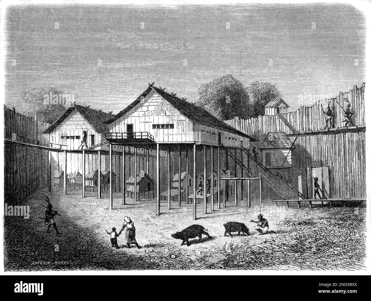 Longhouses or Stilt Houses in Dayak Fortified Village or Kampong Borneo  Vintage Engraving or Illustration 1862 Stock Photo