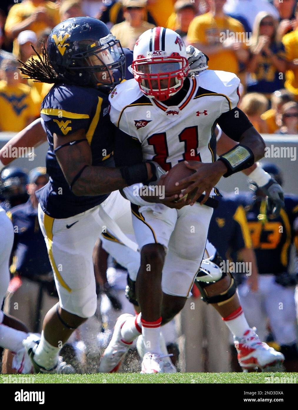 West Virginia's Bruce Irvin, left, sacks Maryland quaterback Jamarr