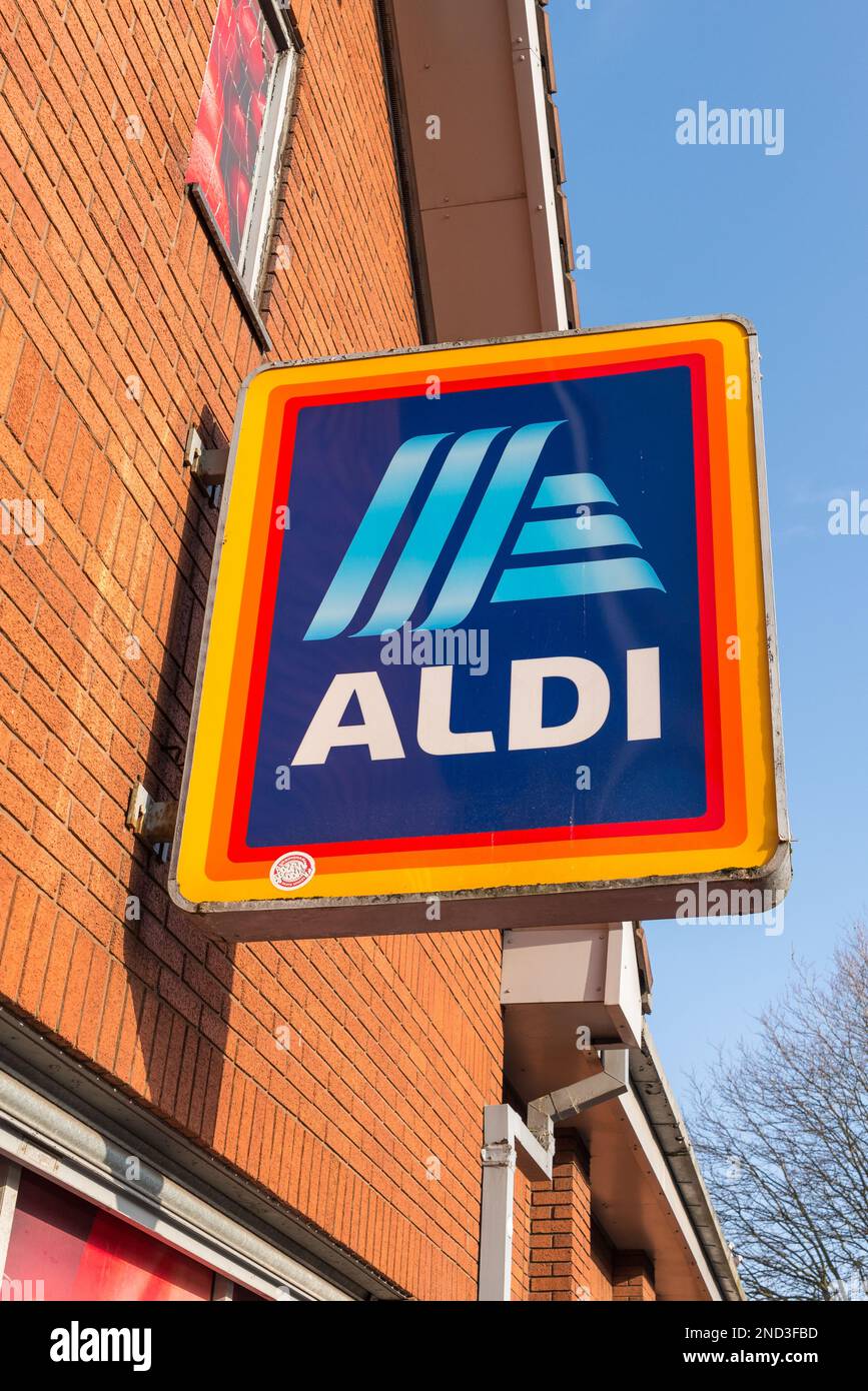 Large wall sign outside Aldi supermarket in Selly Oak, Birmingham Stock