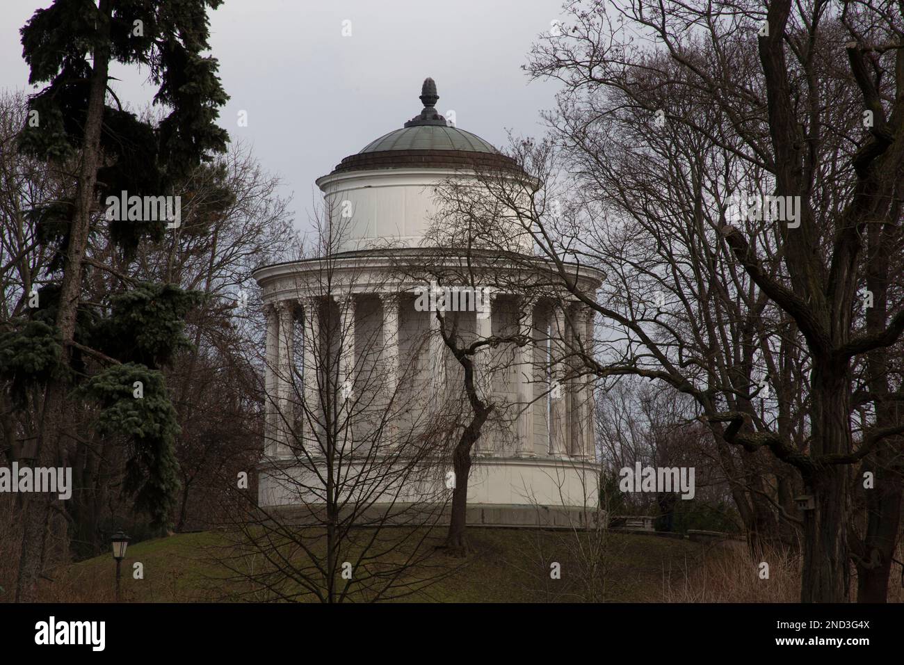 The water tower in the Saxon Garden - Ogród Saski - a public garden in central Warsaw, on a snowy day Poland, Stock Photo