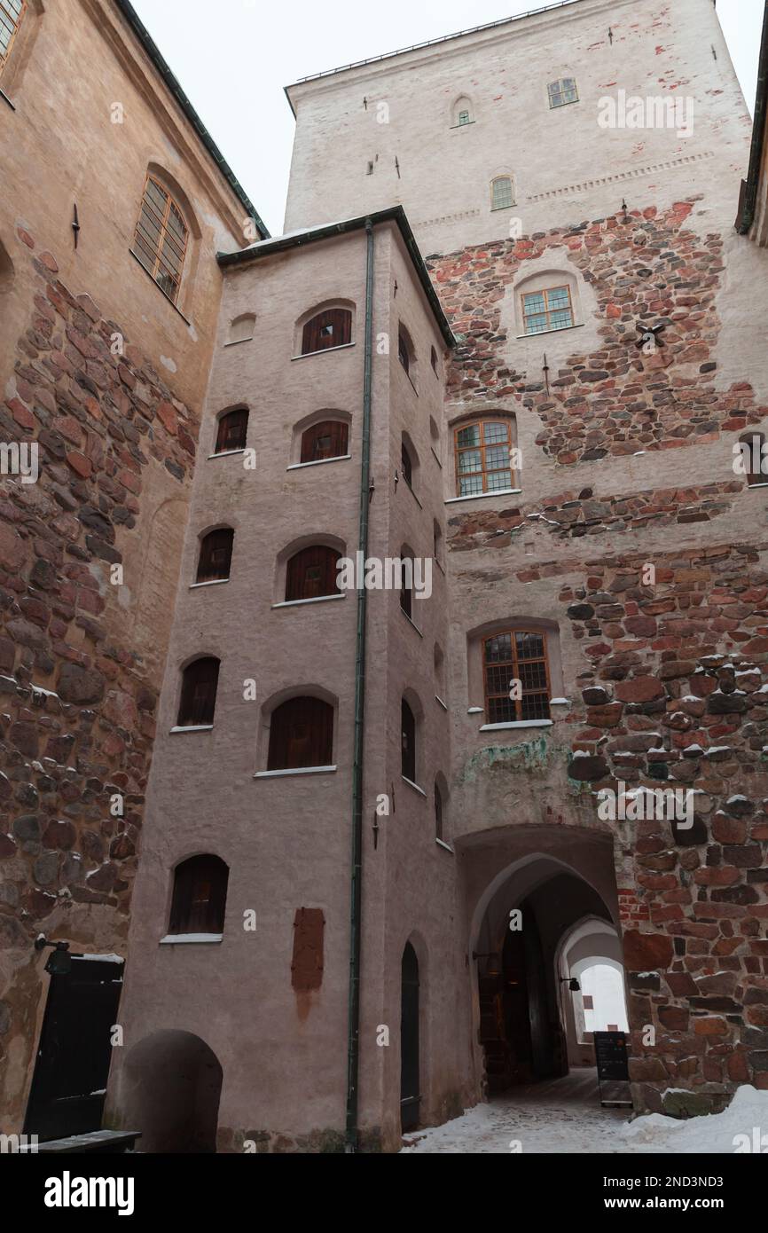 Vertical photo of Turku Castle courtyard, it is a medieval building in the city of Turku in Finland. It was founded in the late 13th century and stand Stock Photo