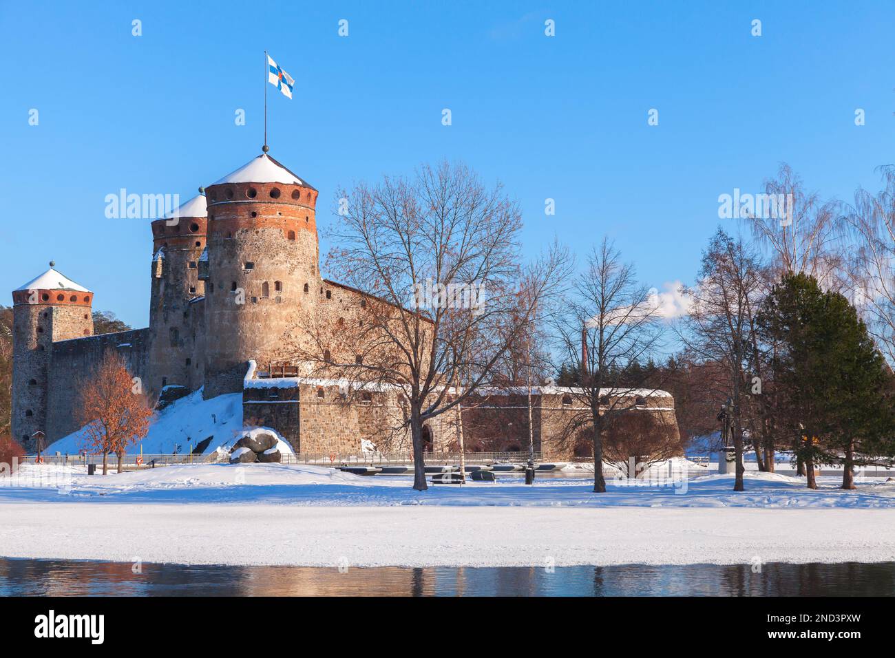 Winter landscape with Olavinlinna fortress, this is a 15th-century three-tower castle located in Savonlinna, Finland Stock Photo
