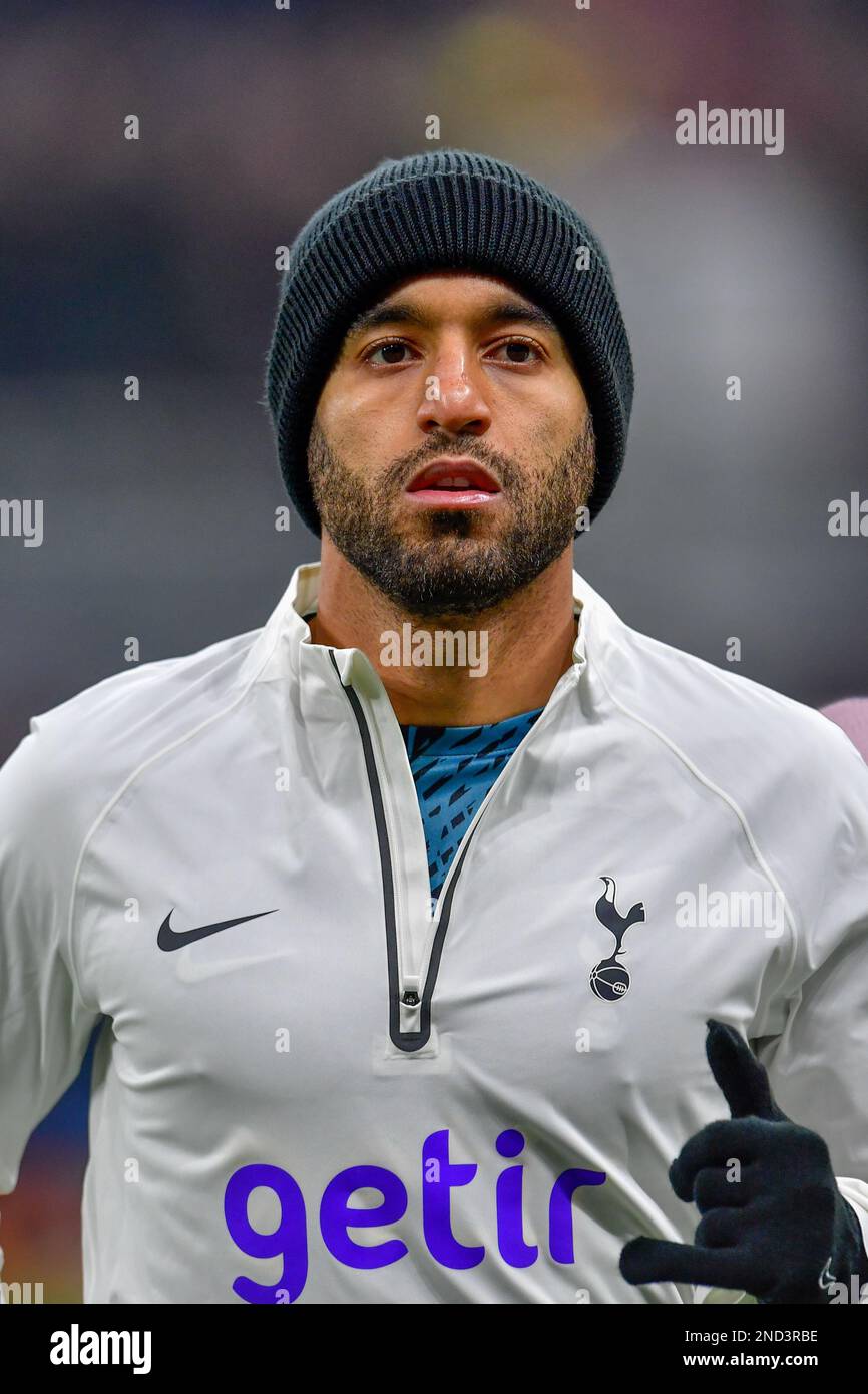 Milano, Italy. 14th Feb, 2023. Lucas Moura of Tottenham Hotspur is warming up before the UEFA Champions League match between AC Milan and Tottenham Hotspur at San Siro in Milano. (Photo Credit: Gonzales Photo/Alamy Live News Stock Photo
