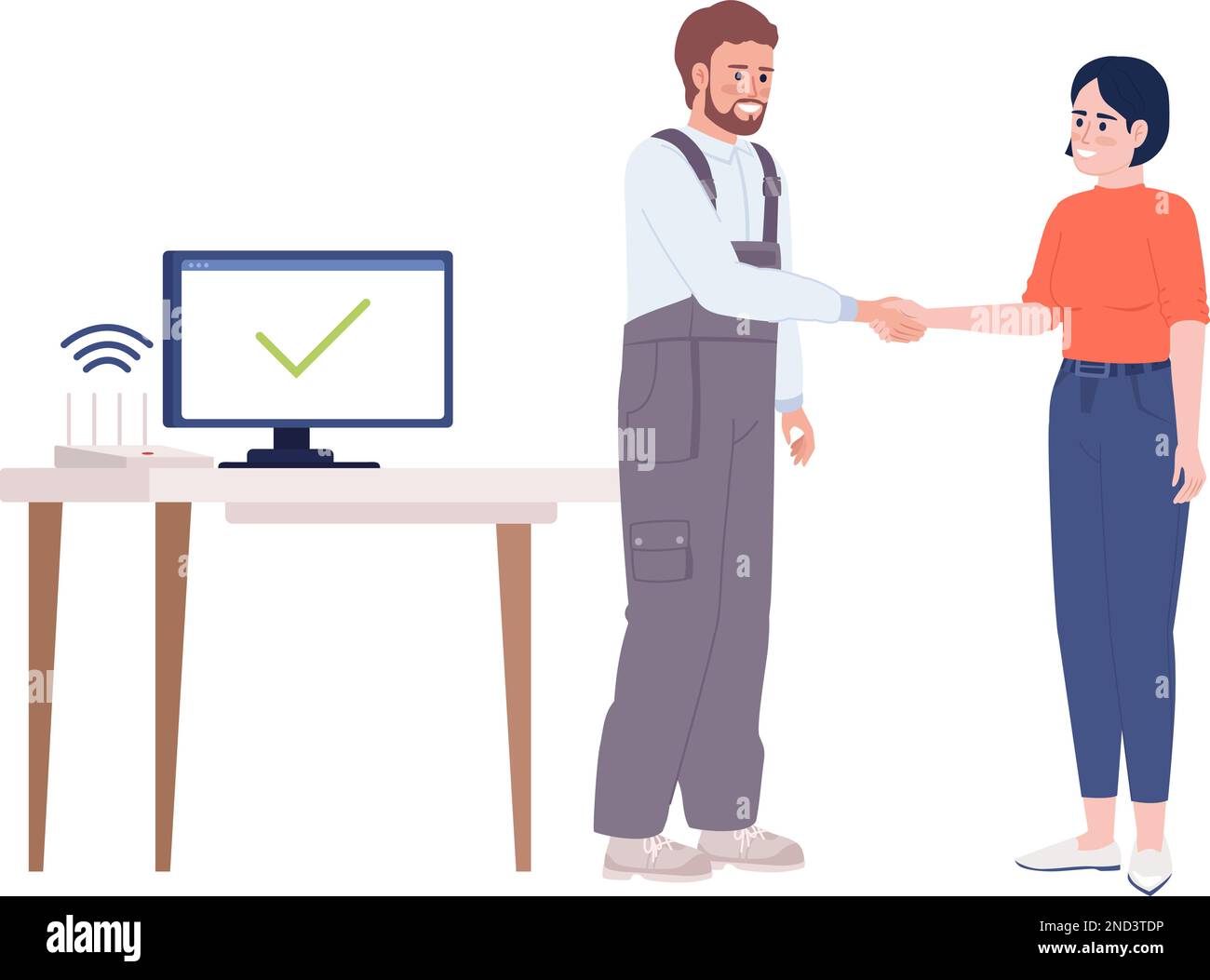 Technician fixing internet problem successfully semi flat color vector characters Stock Vector
