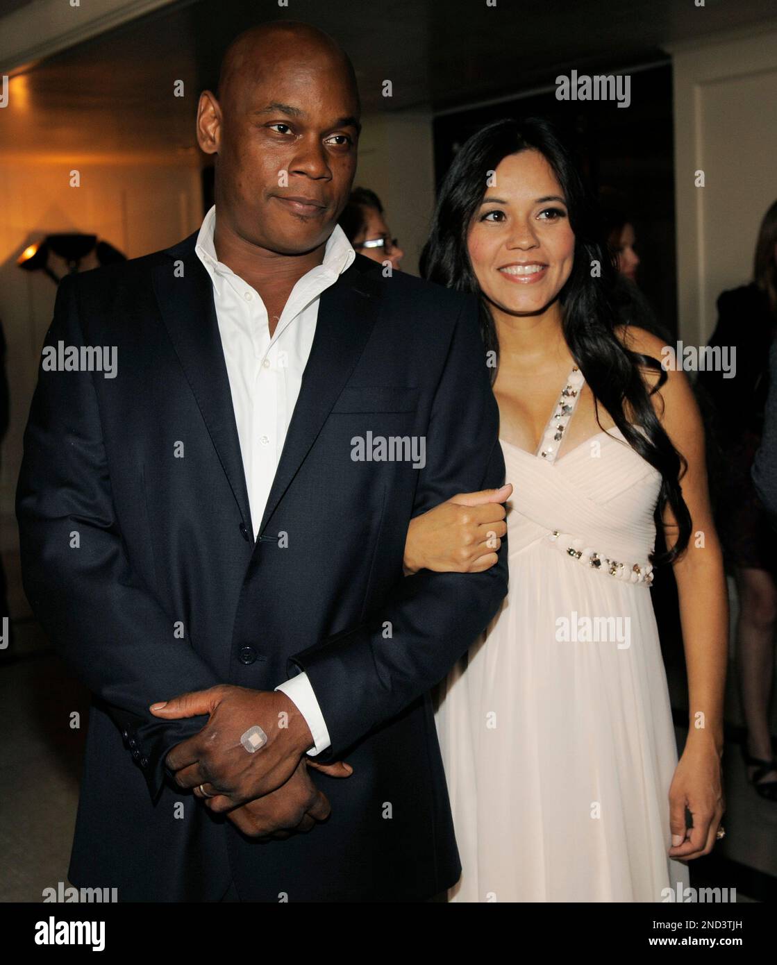 Bokeem Woodbine, left, a cast member in the film "Devil," arrives with