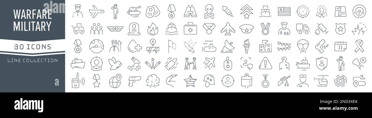 Warfare and military line icons collection. Big UI icon set in a flat design. Thin outline icons pack. Vector illustration EPS10 Stock Vector