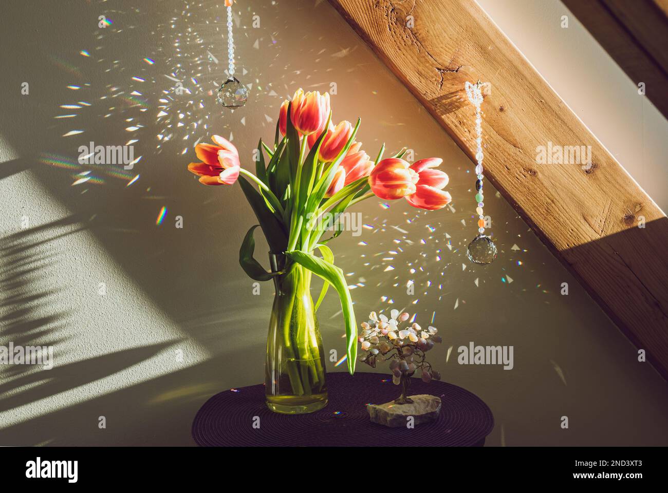 Crystal ball shape rainbow makers suncatchers hanging in home living room on sunny spring day. Good Feng Shui, Sha Chi reflection, energy flow concept Stock Photo