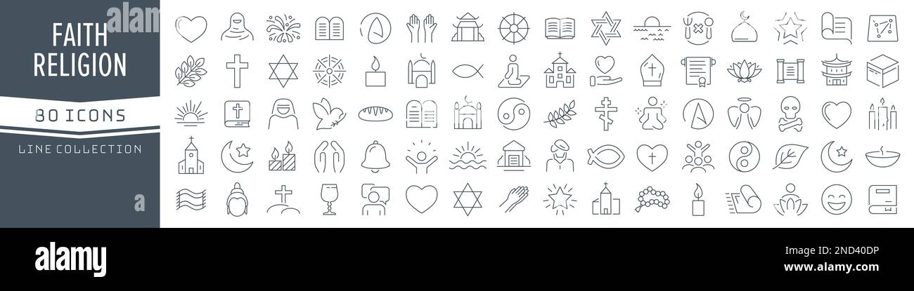Religion and faith line icons collection. Big UI icon set in a flat design. Thin outline icons pack. Vector illustration EPS10 Stock Vector