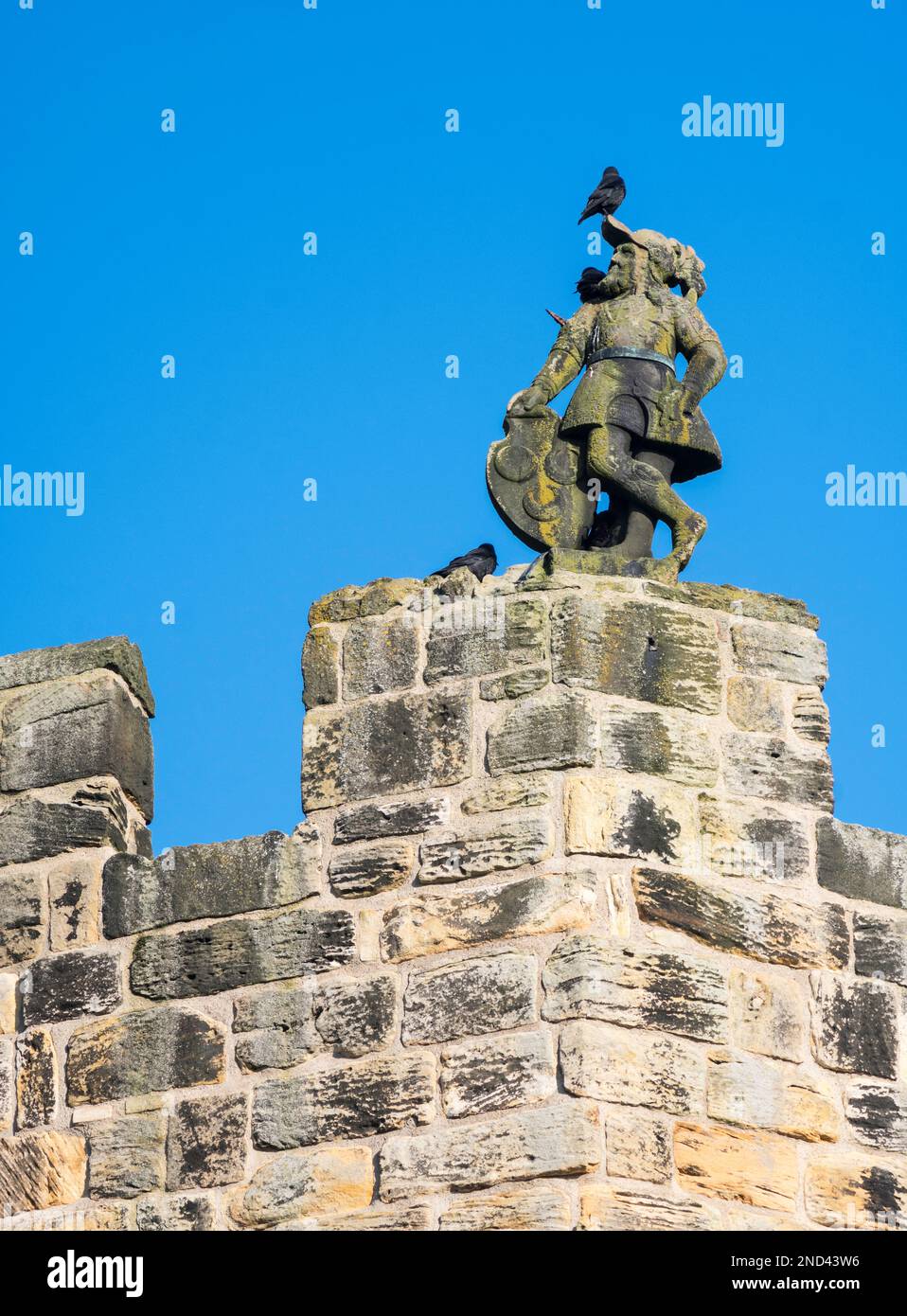 Carved stone figure above the gatehouse of Alnwick castle, Northumberland, England, UK Stock Photo