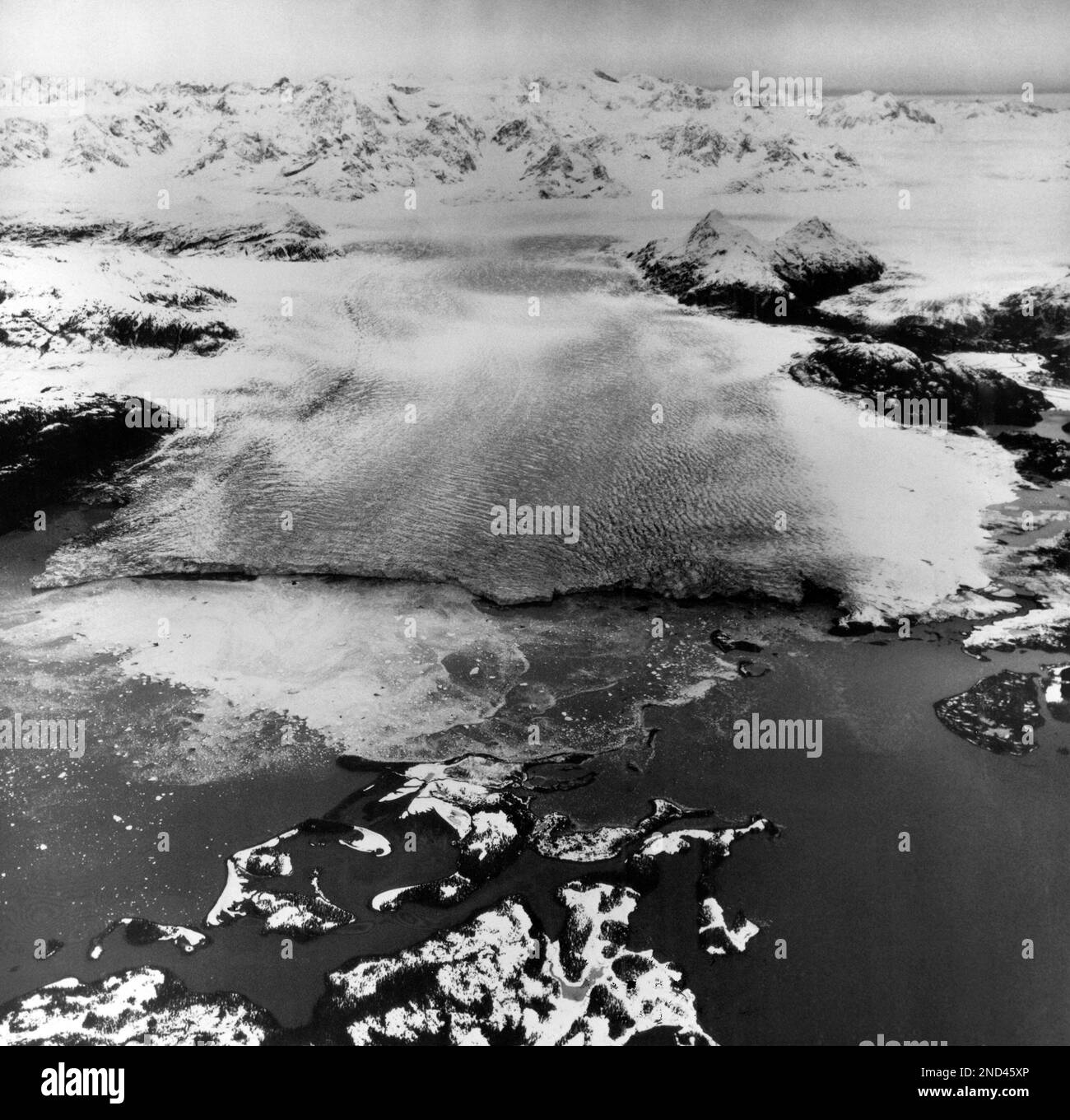 An oblique aerial shows the terminus of Columbia Glacier in Alaska’s