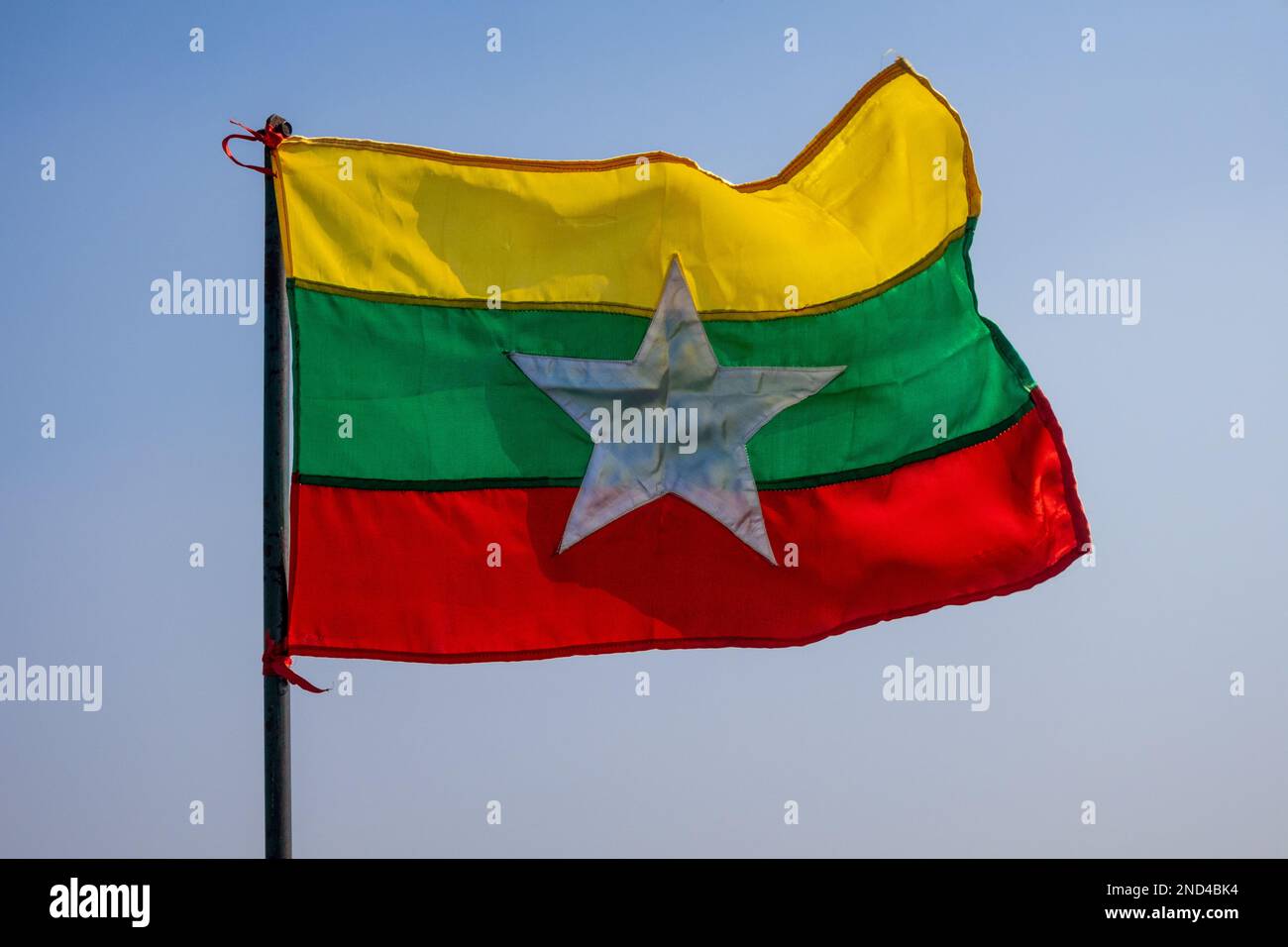 The State Flag of Republic of the Union of Myanmar Stock Photo