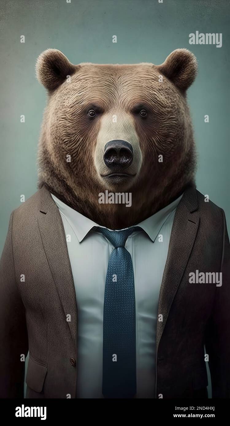 An AI-generated illustration of a bear in a business suit against a ...