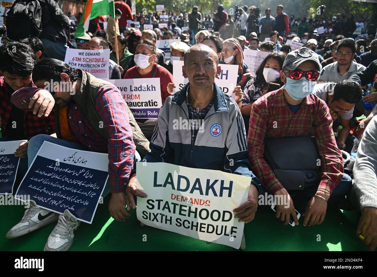 New Delhi, Delhi, India. 15th Feb, 2023. Protestors holds placards in a protest demanding statehood and other democratic rights for the Ladakh region in the Himalayas, in New Delhi. The Ladakh region was a part of the former state of Jammu and Kashmir, it was divided and made into a Union Territory in 2019 by the Indian Government. (Credit Image: © Kabir Jhangiani/ZUMA Press Wire) EDITORIAL USAGE ONLY! Not for Commercial USAGE! Stock Photo