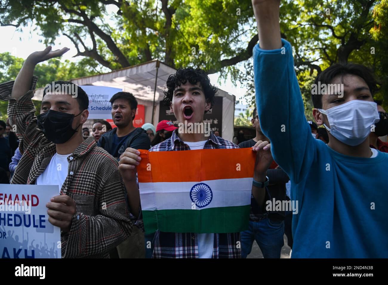 New Delhi, Delhi, India. 15th Feb, 2023. Protestors shout slogans in a protest demanding statehood and other democratic rights for the Ladakh region in the Himalayas, in New Delhi. The Ladakh region was a part of the former state of Jammu and Kashmir, it was divided and made into a Union Territory in 2019 by the Indian Government. (Credit Image: © Kabir Jhangiani/ZUMA Press Wire) EDITORIAL USAGE ONLY! Not for Commercial USAGE! Stock Photo