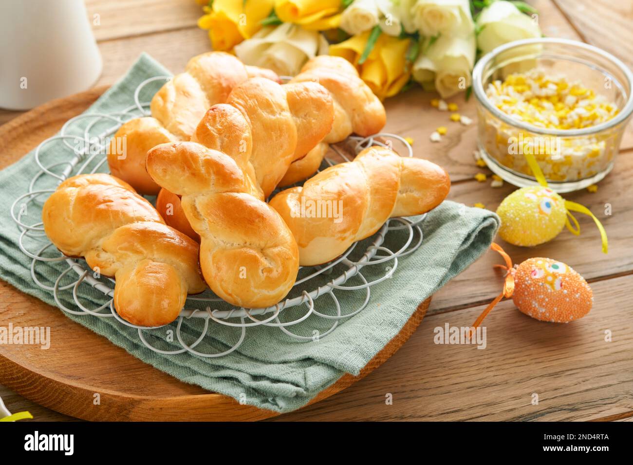 Easter breakfast Holliday concept. Easter bunny buns rolls with