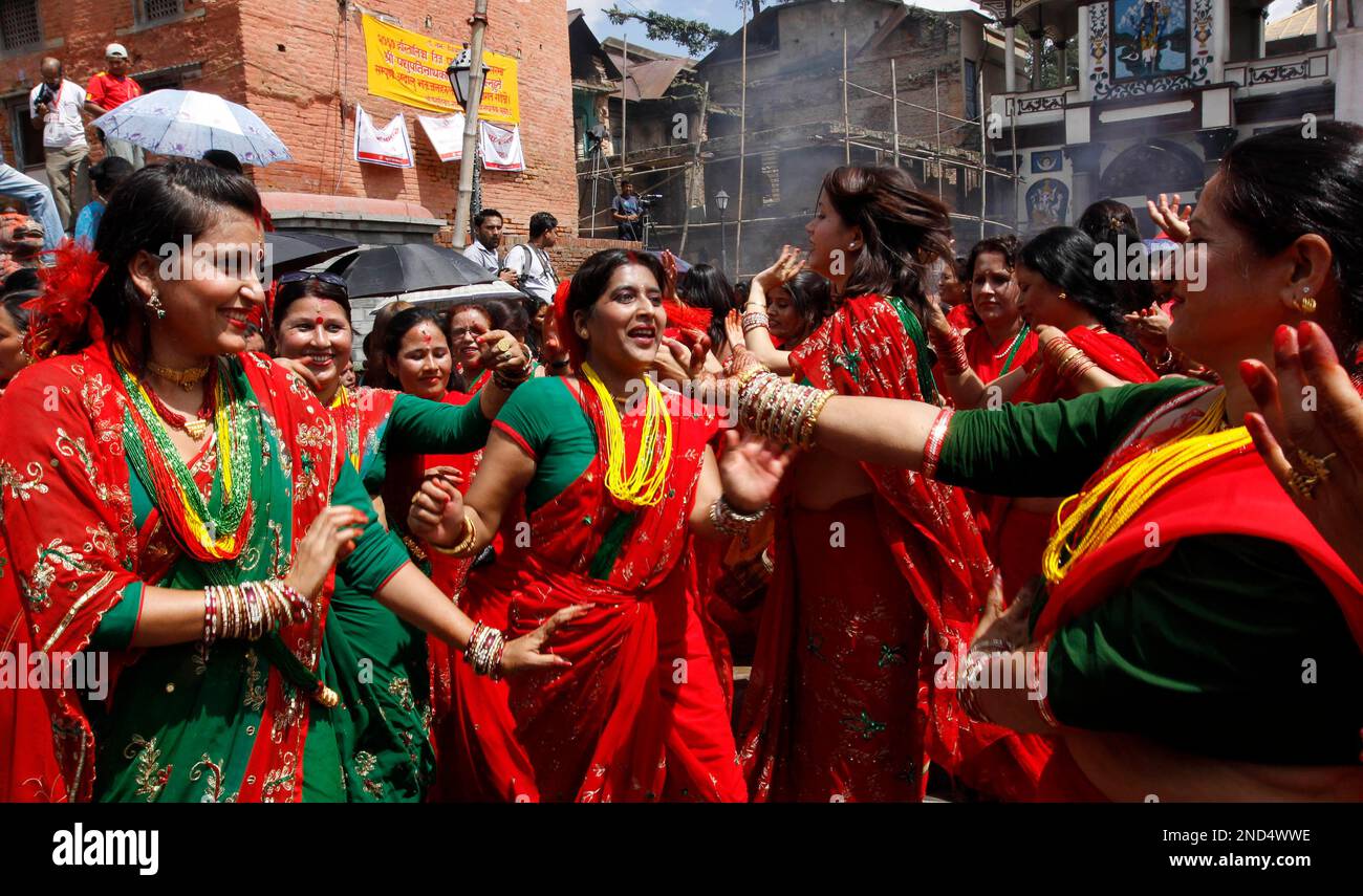 Hindu Women Dance To Celebrate Teej Festival In Katmandu Nepal