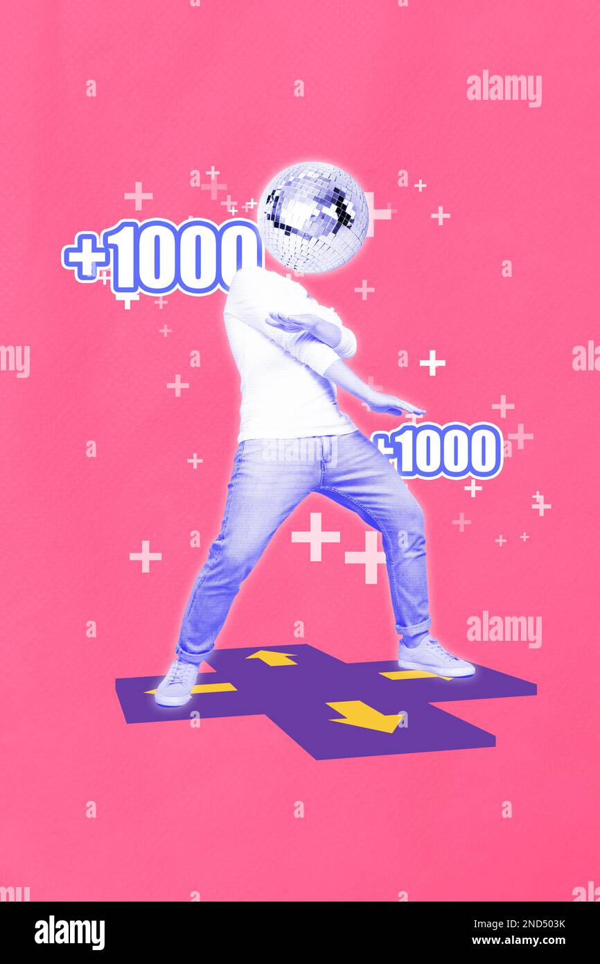 Vertical collage picture of overjoyed person disco ball instead head