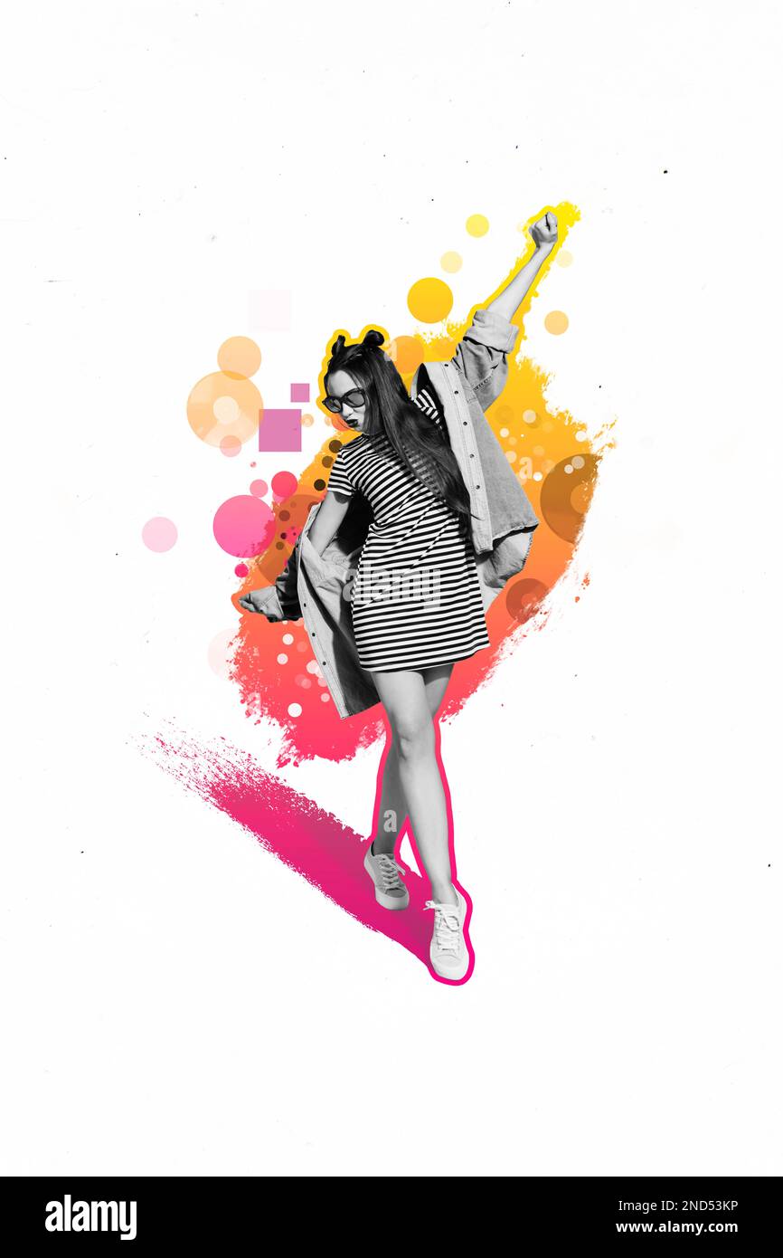 Vertical collage image of black white gamma excited girl have fun dancing isolated on painted background Stock Photo