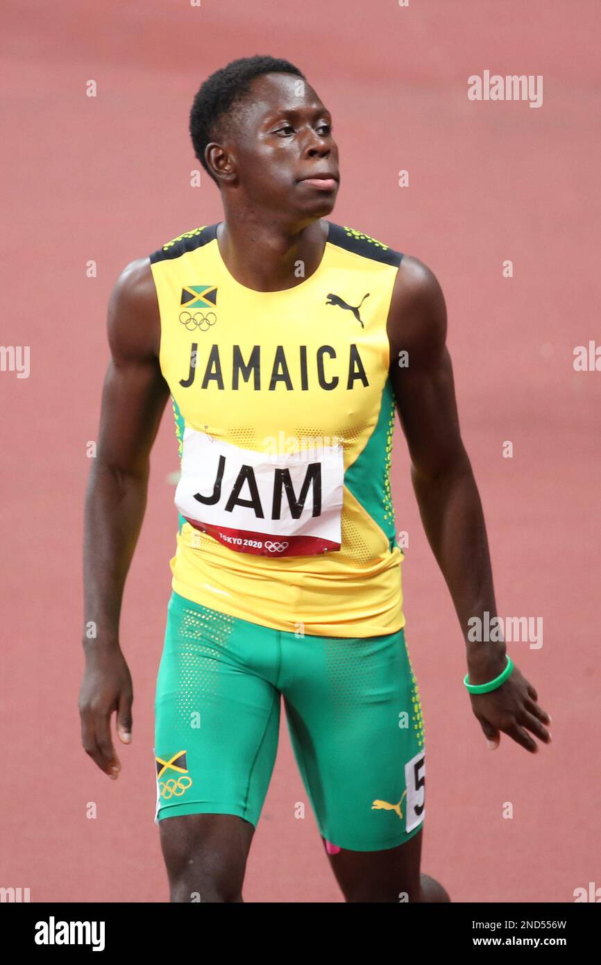 AUG 06, 2021 - Tokyo, Japan: Oblique SEVILLE of Jamaica in the Athletics Men's 4 x 100m Relay Final at the Tokyo 2020 Olympic Games (Photo: Mickael Chavet/RX) Stock Photo