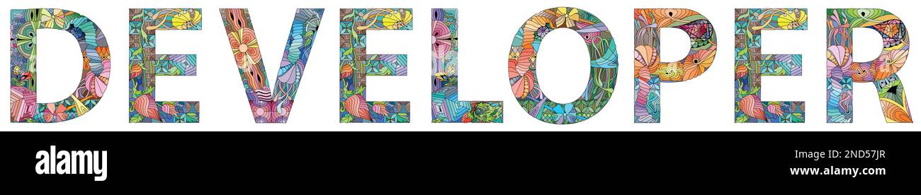 Hand-painted art design. Hand drawn illustration word DEVELOPER for t ...