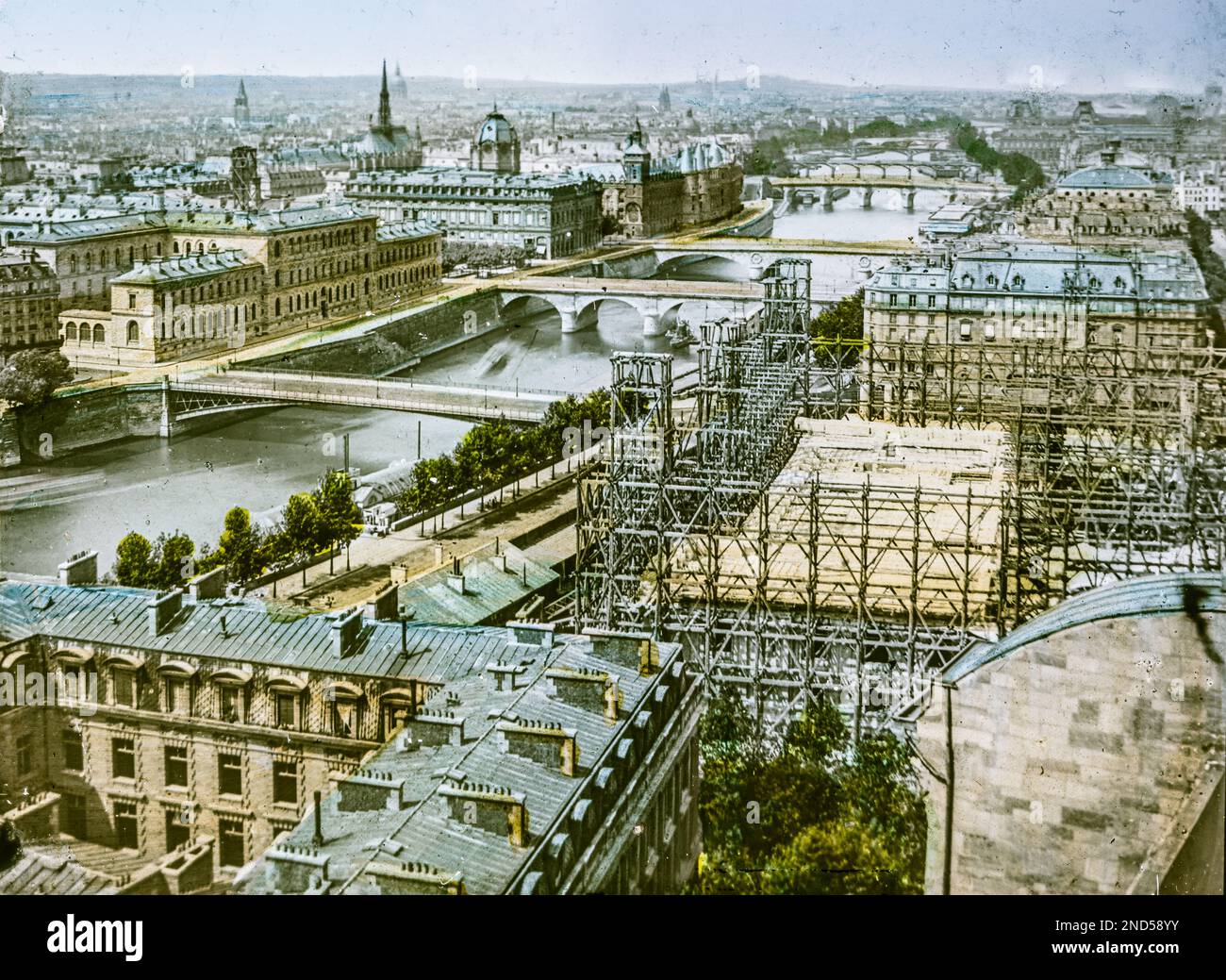 Paris - Le Panorama des Sept Ponts, Hotel de Ville Paris, Construction 1870's Stock Photo