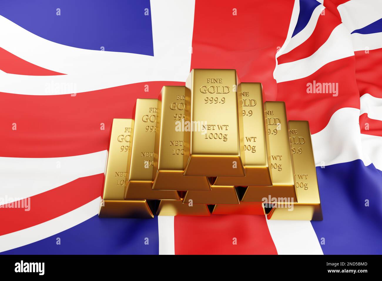 Piles of bullion on UK national flag, Union Jack. Illustration of the concept of gold reserve of British central bank Stock Photo
