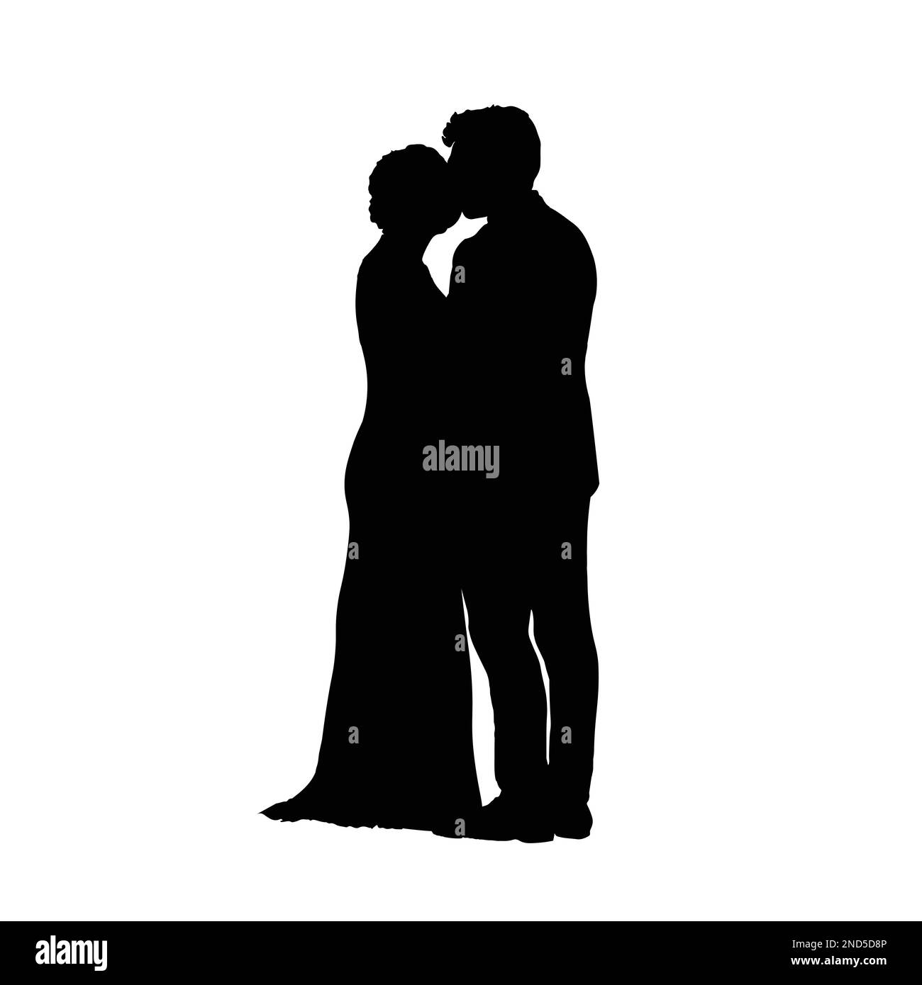 Bride and groom silhouette, vector icon, contour drawing, black and white illustration. Couple in love hugging looking at each other Stock Vector