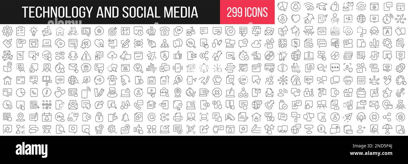 Technology and social media linear icons collection. Big set of 299 ...
