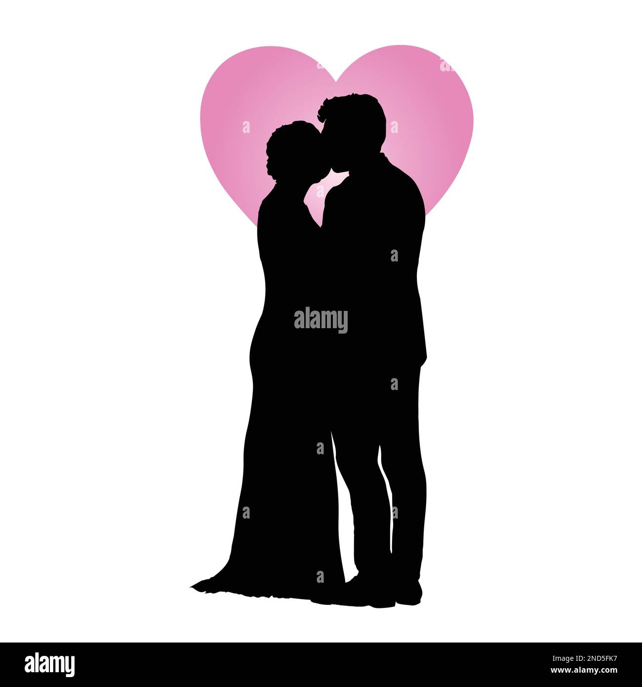 Couple in love silhouette, vector flat icon, logo, bride and groom outline drawing.  loving men and women looking at each other in the pink heart Stock Vector