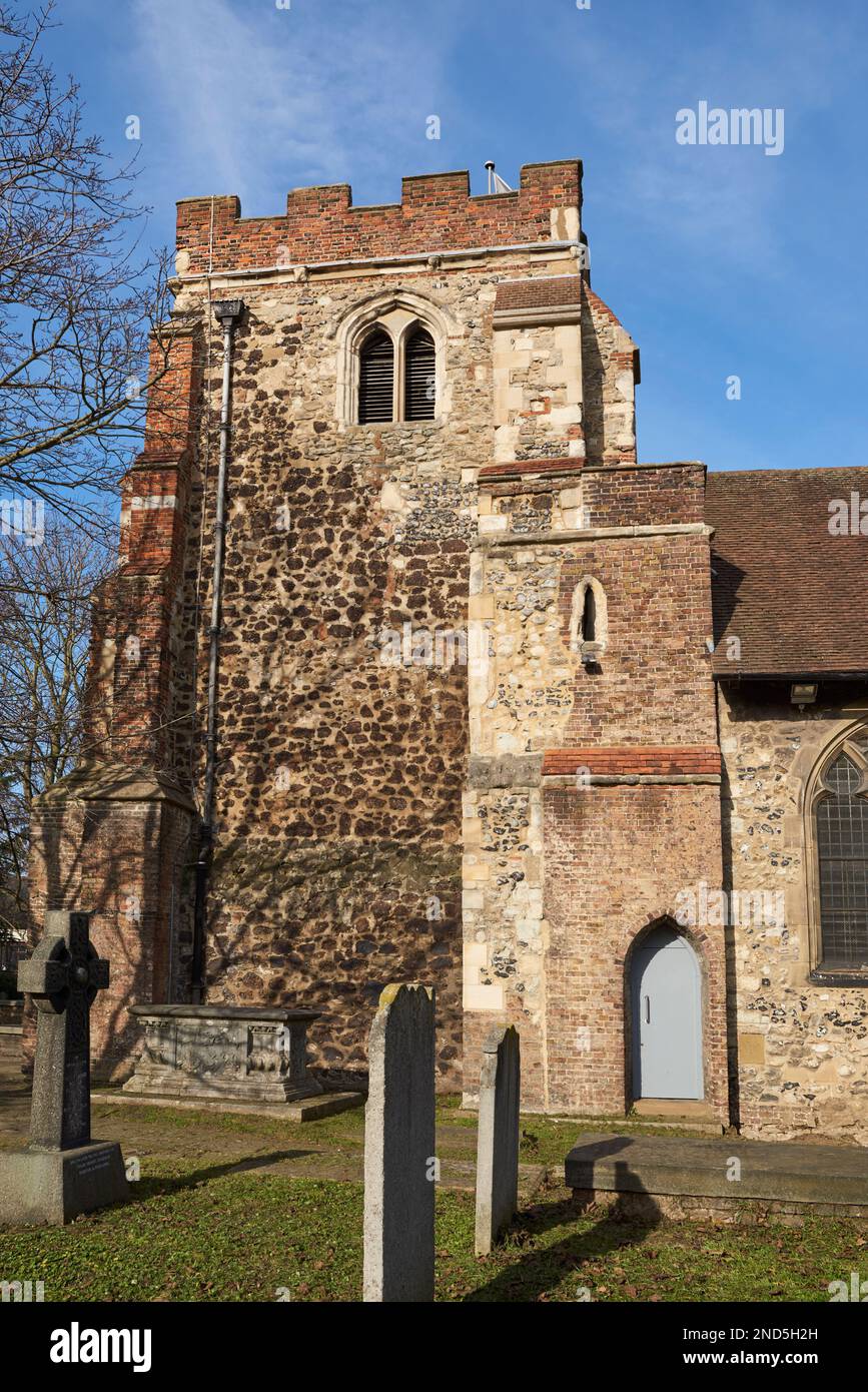 The early 13th century tower of St Mary Magdalene church, East Ham, London UK, partially rebuilt in the 16th century Stock Photo