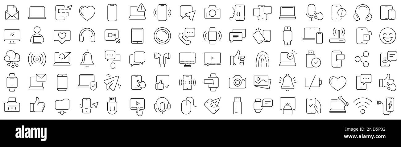 Set of device technology line icons. Collection of black linear icons Stock Vector