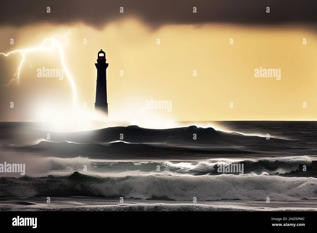 Lighthouse and storm at sea depiction. Stock Photo