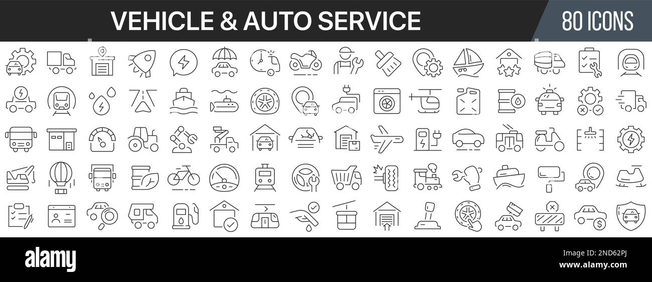 Vehicle and auto service line icons collection. Big UI icon set in a ...