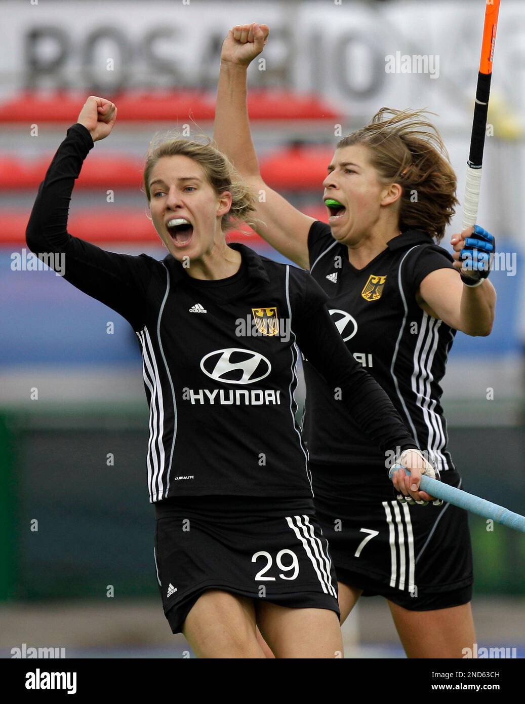 Germany's Natascha Keller, right, celebrates with teammate Lina Geter